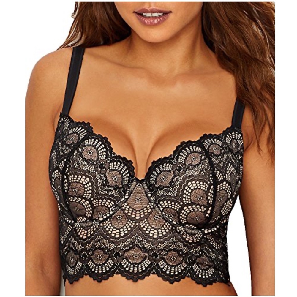 Camio Mio Black Lace Longline Underwire Bra 34G Nude Lining B10025 NWOT